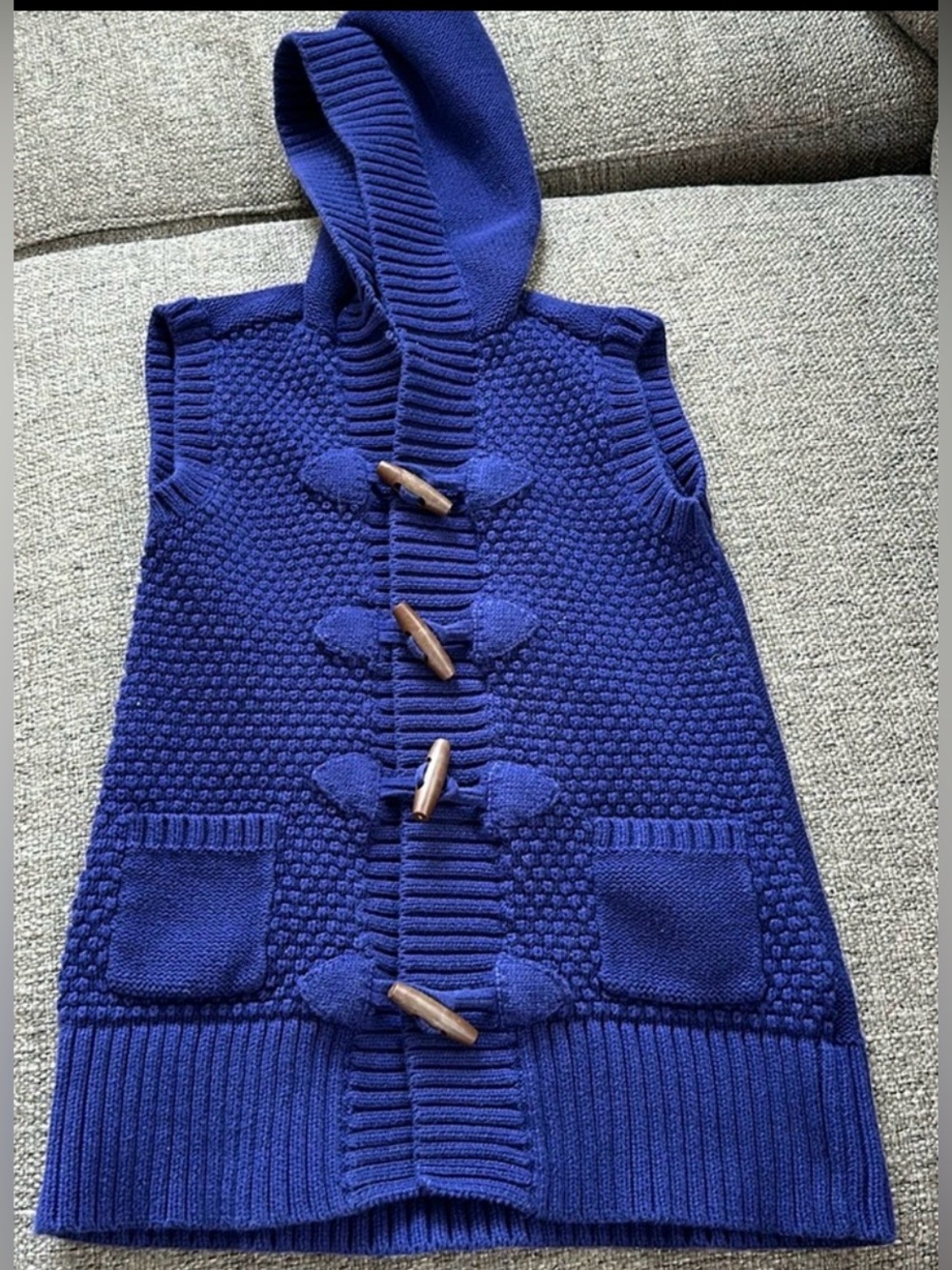 Old Navy Girls Hooded Toggle Sweater Vest Blue Medium Knit Wood Buttons M